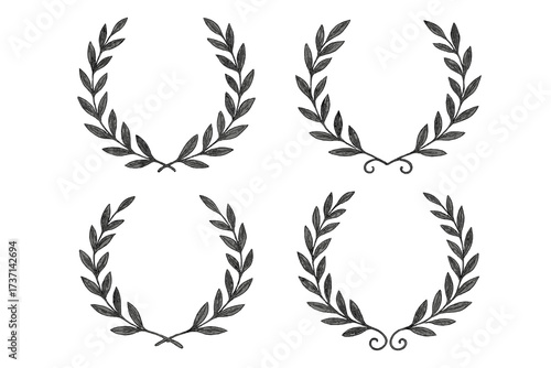 Black laurel wreath vector collection. Hand drawn vintage frames for award and certificate. Greek olive branch icon set. Symbol of victory, achievement, quality, and honor.