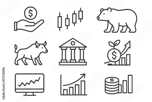 Stock market icons set. Finance, investment, trading, bull and bear symbol, candlestick chart, profit growth, coin stack, stock exchange, banking, economic analysis. Vector line illustration.