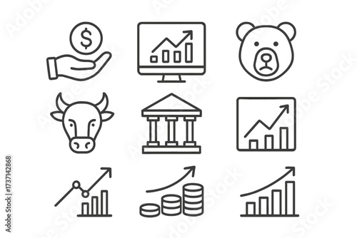 Stock market and finance line icon set. Investment and trading symbols. Bull and bear market, growth chart, profit, dollar coin, and stock exchange vector icons collection.