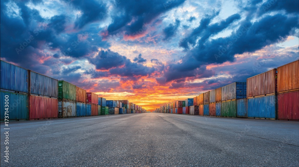 Fototapeta premium Colorful shipping containers lined up on a dock under a dramatic sunset sky with vibrant clouds reflecting golden light