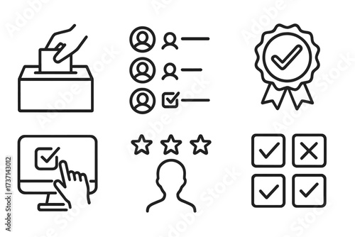 Vote and election outline icon collection. Includes ballot box, candidate choice, survey form, quality approval, online poll, and user rating. Editable stroke vector pictograms.