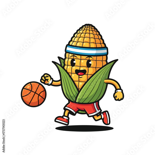 Vector illustration of energetic cartoon corn character wearing a headband and shorts, playing basketball with a ball