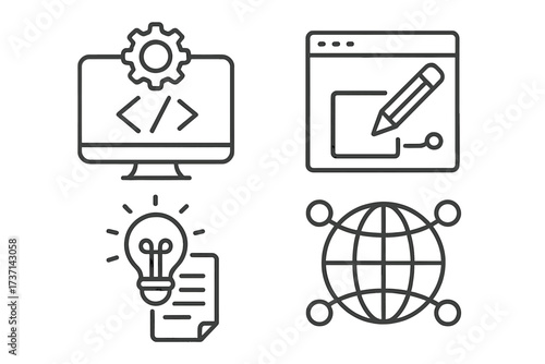 Web design and development line icon set. Vector icons for creative process, coding, programming, network technology. UI UX design elements for app and website creation.