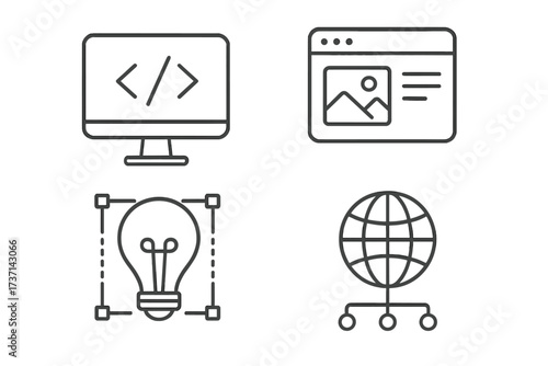 Web design and development line icon set. Vector symbols for creative process, coding, UI design, and network technology. Thin outline illustrations for website creation.
