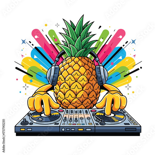 Vector illustration of pineapple character as a dj playing music on turntables with colorful abstract background