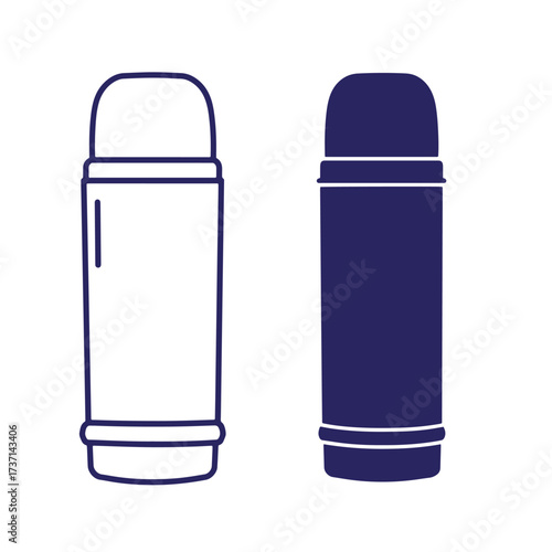 Two simple outline style vector illustrations of a sleek travel thermos bottle in different colors