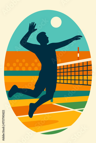 Volleyball Athlete Jump Spike Over Net Sport Silhouette Illustration