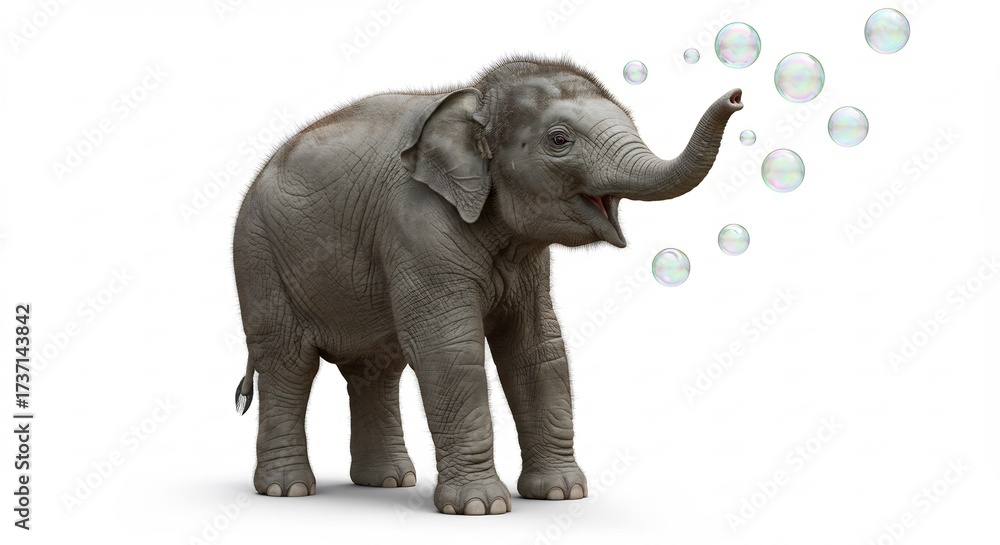 Naklejka premium Adorable baby elephant joyfully blows floating bubbles from its trunk on a crisp white studio background. AI Generated