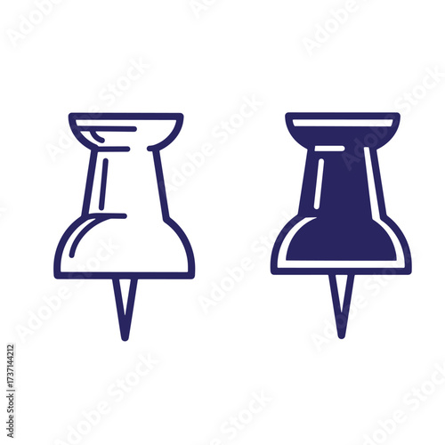 Two simple vector illustrations of push pins representing various office stationery concepts.