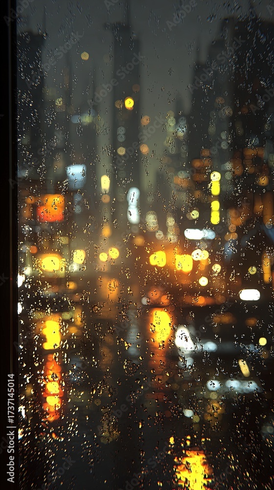 Obraz premium Rainy Night Cityscape View From Window