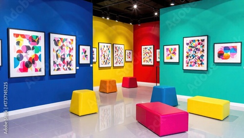 Vibrant Modern Art Gallery with Colorful Walls and Abstract Paintings.