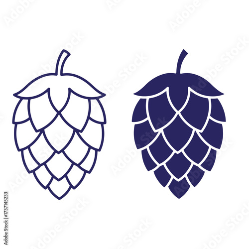 Two stylized hop cones in different styles representing beer brewing ingredients