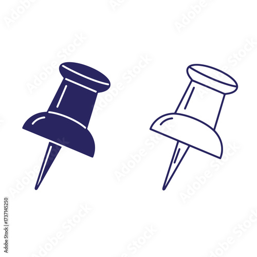 Two stylized dark blue and white outline push pins on a clean white background