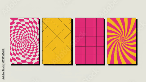 Vector art of four abstract geometric pattern cards with vibrant colors