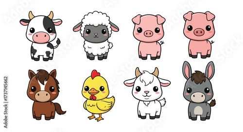 Adorable Kawaii Farm Animals Collection Cow Sheep Pig Horse Chicken Goat Donkey Cute Cartoon Vector Illustration Set
