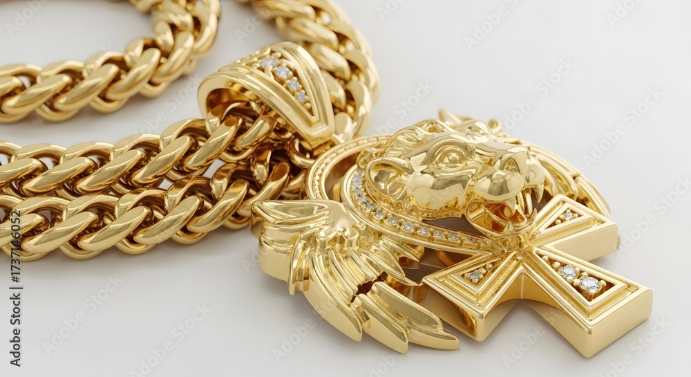 Fototapeta premium Exquisite Gold Lion Head Pendant with Diamond Accents and Cuban Link Chain