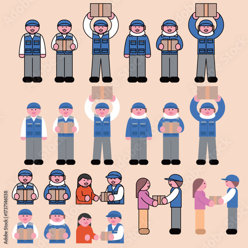 Courier delivery and shipping service illustration, worker with package and customer interaction vector