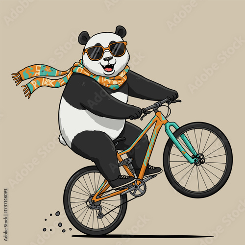 Cool panda pops a wheelie on orange bike, wearing scarf and sunglasses, on beige background.