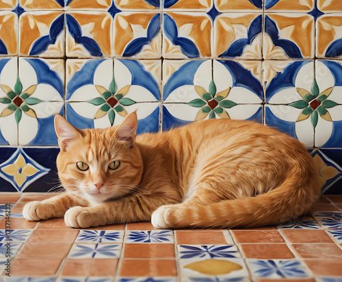 Orange cat lying on colorful tile floor