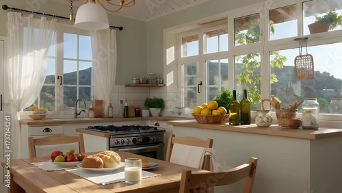 Fresh summer breakfast in Mediterranean style kitchen. Bright and sunny space with lot of herbs and plants. Modern kitchen with open space. Modern composition of breakfast table in mediterranean's ki