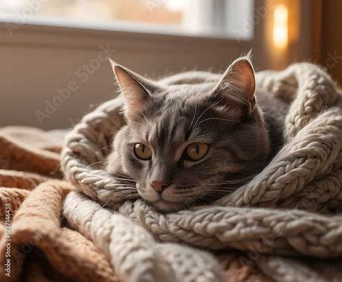 Gray cat lying on cozy blanket