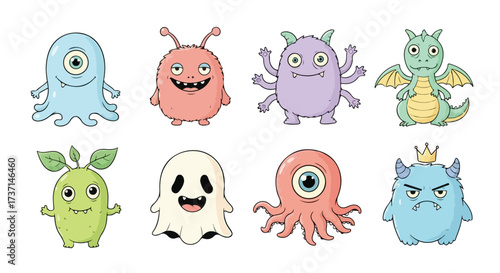 Set of Cute Cartoon Monsters and Creatures Fun Characters for Kids and Design