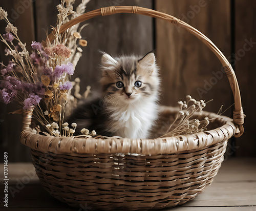 Cute kitten in a basket