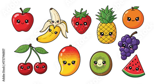 Cute Kawaii Fruit Characters Collection Apple Banana Strawberry Pineapple Orange Grapes Mango Kiwi Watermelon Cherries Adorable Healthy Food Icons for Kids and Nutrition