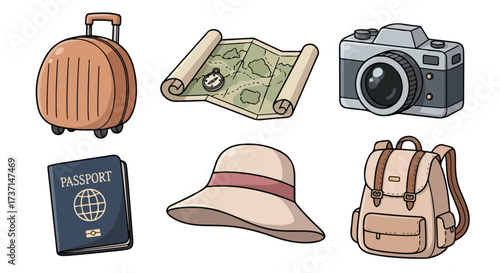 Travel Essentials Collection Illustrated Suitcase Map Camera Passport Hat and Backpack for Adventure and Vacation