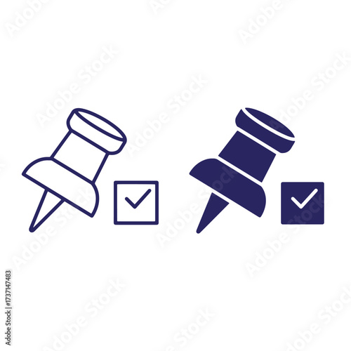 Two vector illustrations of push pins and check mark symbols for tasks and completion.