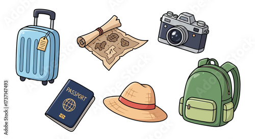 Travel Essentials Collection Suitcase Passport Map Camera Hat Backpack for Adventure and Vacation Planning