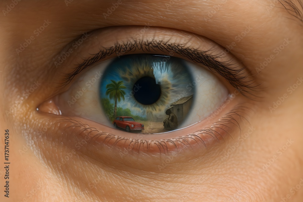 Fototapeta premium Surreal Eye Reflection with Tropical Scene – Imagination and Memory Concept rich vs poor