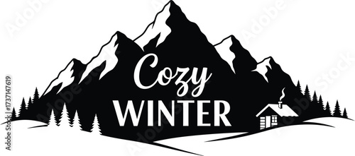Cozy winter scene with mountains cabin and pine trees art