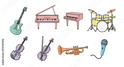 Colorful Illustrated Musical Instruments Collection Guitar Piano Violin Trumpet Drum Kit Microphone Vector Art for Music Lovers Education and Design Projects