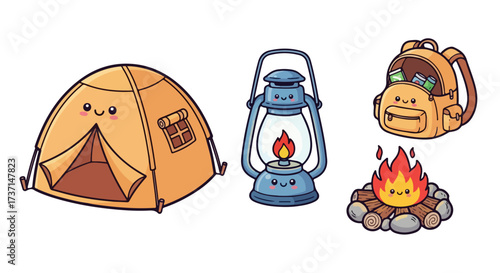 Cute Kawaii Camping Gear Icons Including Tent Lantern Backpack and Campfire Vector Illustration