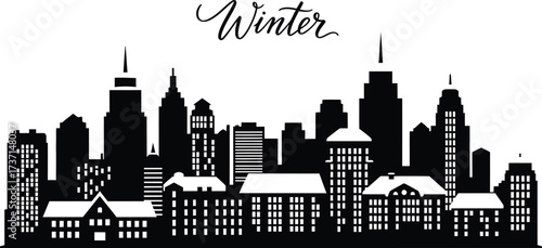 Black winter city skyline silhouette with modern buildings