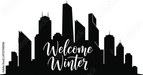 Welcome winter text over a black city skyline silhouette