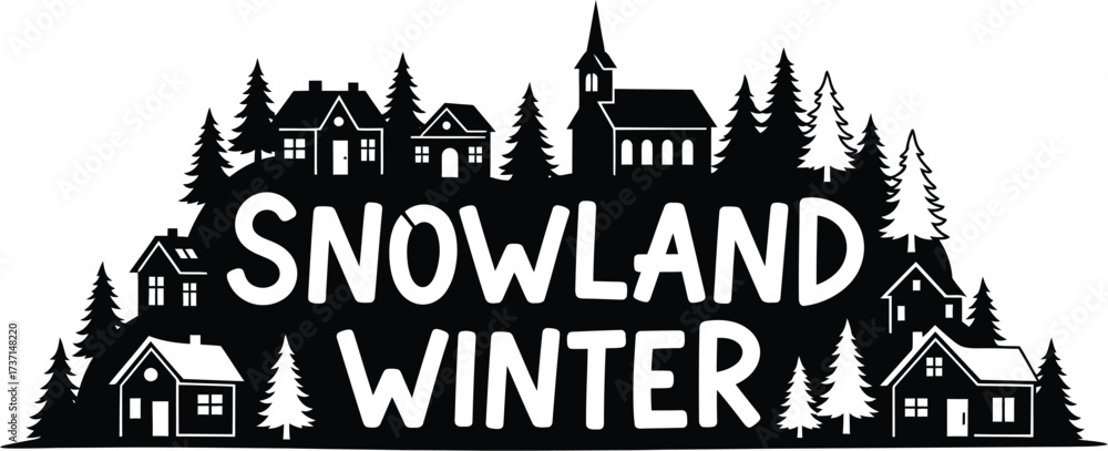 Obraz premium Snowland winter scene with houses and trees silhouette art