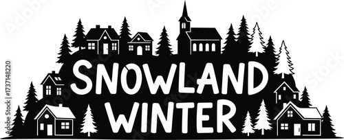 Snowland winter scene with houses and trees silhouette art