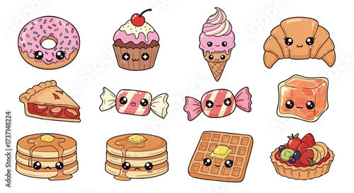 Kawaii Food Collection Adorable Cute Desserts and Pastries with Smiling Faces
