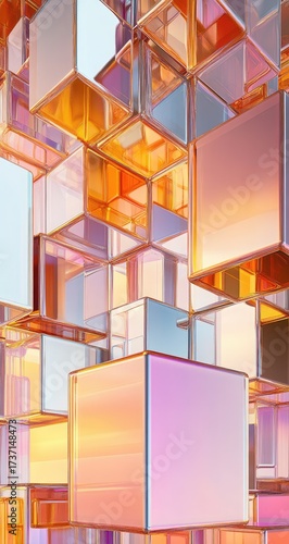 Abstract cubes shimmer in gradients of light, transparent shapes