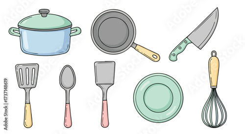 Colorful Collection of Kitchen Utensils and Cookware Essentials For Culinary Creations and Food Preparation