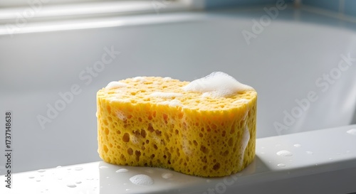 Close-up view of a wet yellow sponge with soap bubbles on a white bathtub edge, cleaning