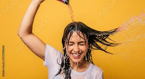 Woman's Joyful Expression as Liquid Cascades Over Her Against a