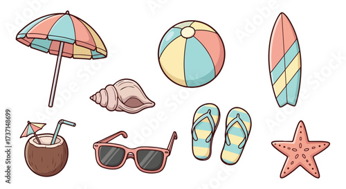 Summer Beach Fun Icon Set Tropical Vacation Essentials Umbrella Surfboard Coconut Drink Sunglasses Flip Flops Starfish Seashell Beach Ball