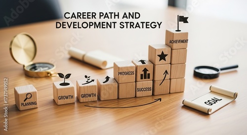 Wooden Blocks Depicting Career Path and Development Strategy wit