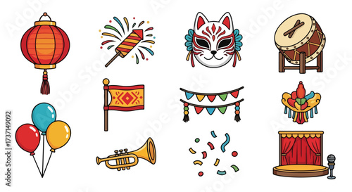 Chinese New Year Celebration Icon Set Lanterns Fireworks Masks Drums Balloons Flags Garlands Costumes Trumpets Confetti Stage