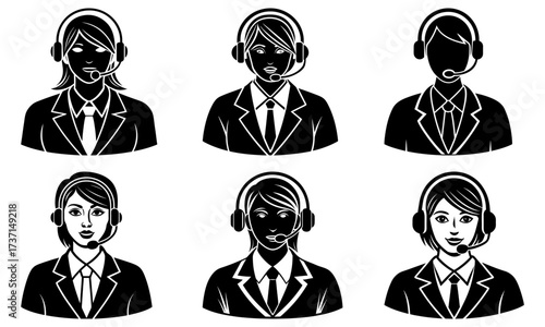 Illustration of six call center operators wearing headsets and business attire