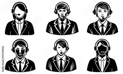 Illustration of six customer service representatives with headsets in black and white