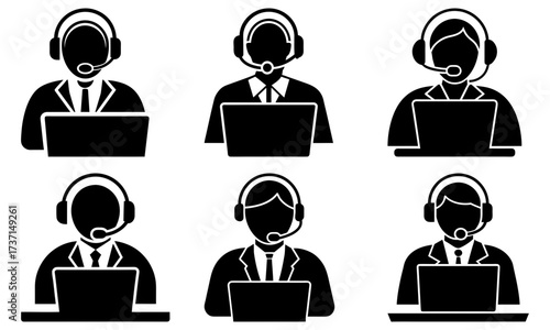 Illustration of six customer service representatives wearing headsets and laptops